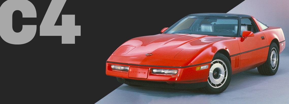 A Red Chevrolet Corvette C4 Convertible Displayed Against a Black Background With Large Gray Text Reading “C4.”