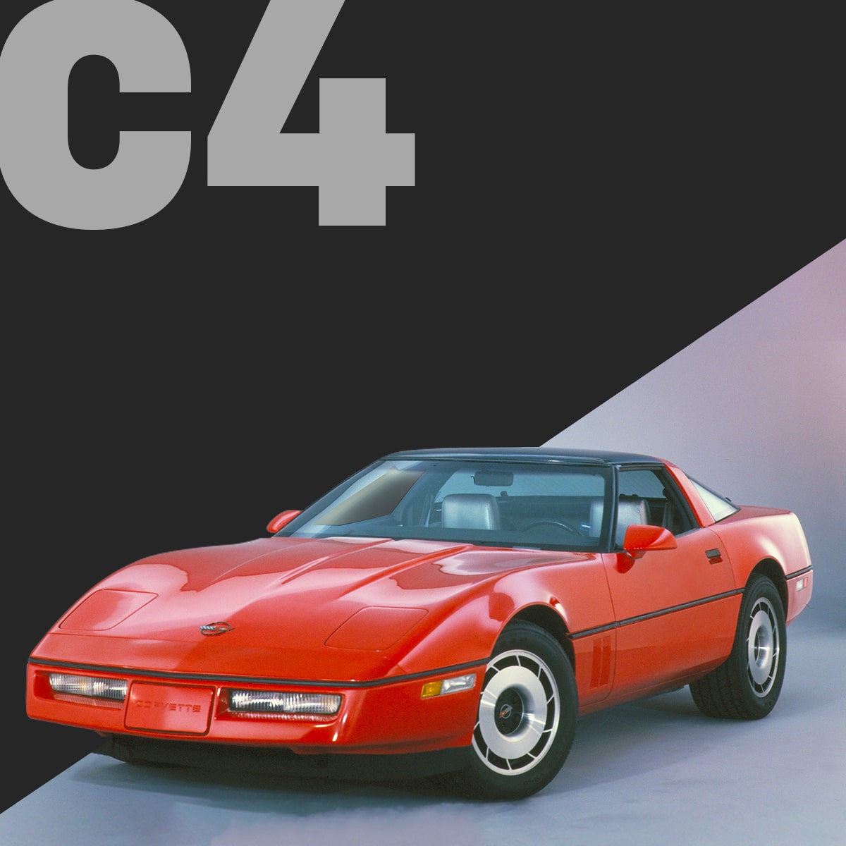 A Red Chevrolet Corvette C4 Convertible Positioned at an Angle on a Black Background With Large Gray Text Reading “C4.”