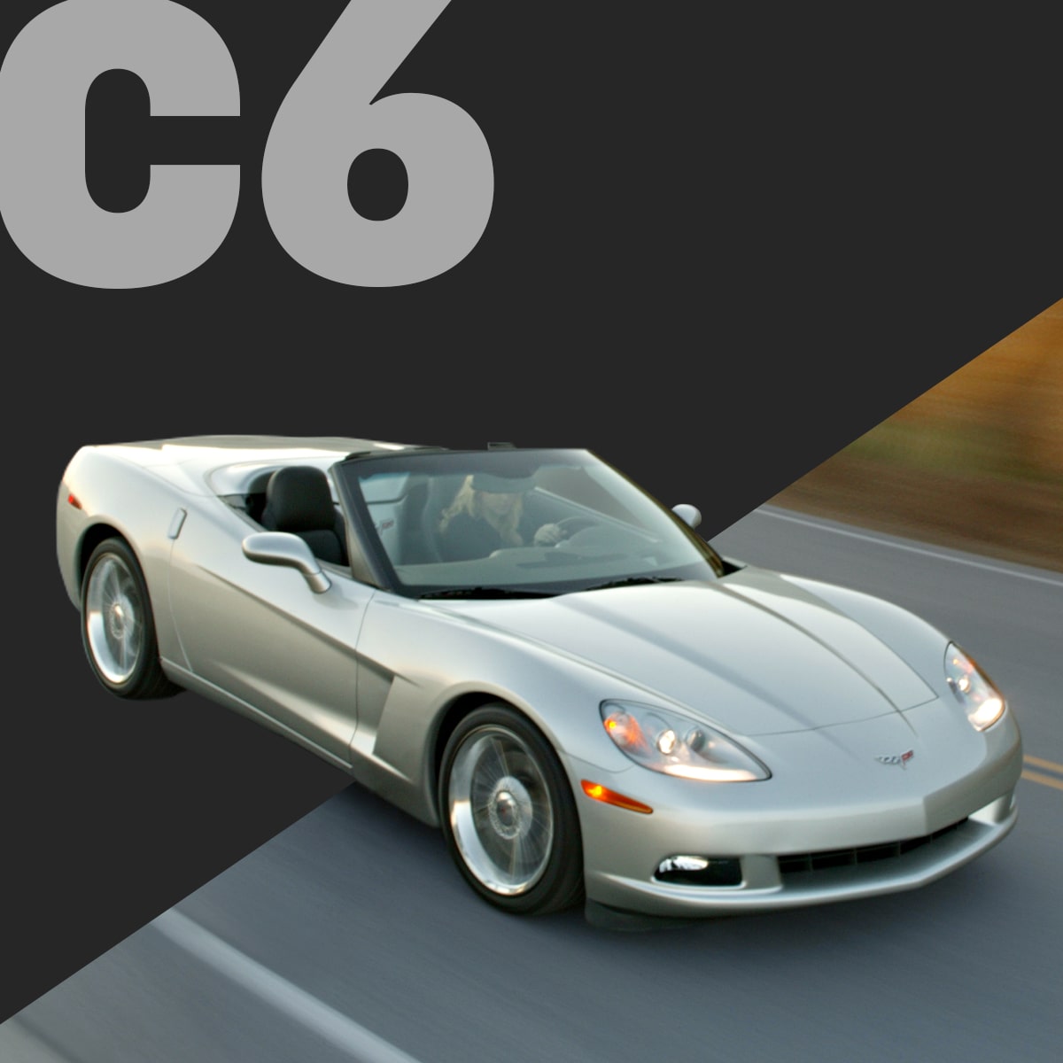A Silver Chevrolet Corvette C6 Convertible Positioned at an Angle on a Black Background With Large Gray Text Reading “C6.”