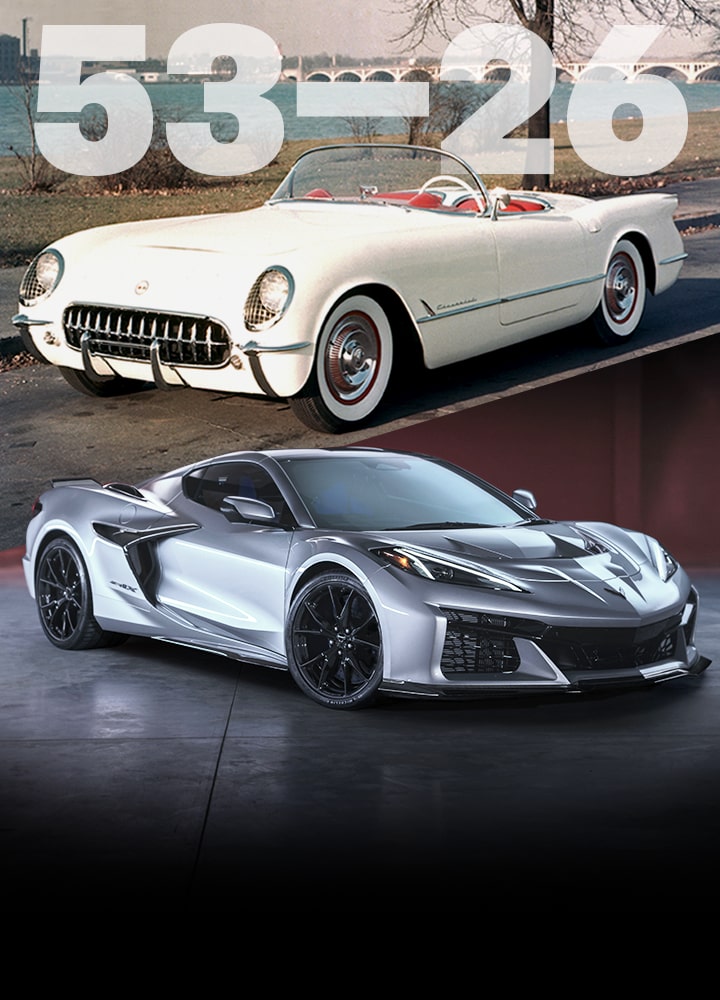 A White Classic Chevrolet Corvette Convertible Parked Outdoors Beside a Silver Modern Chevrolet Corvette Z06 with Large Text That Reads 53–26 and Smaller Text That Reads Corvette.