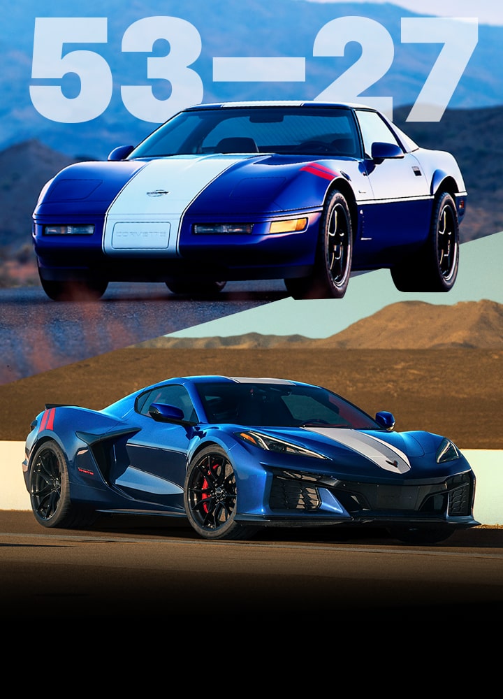 Image of a Classic Corvette on the left parked in front of mountains and image of a Corvette Grand Sport on the right parked in front of desert scenery in background.