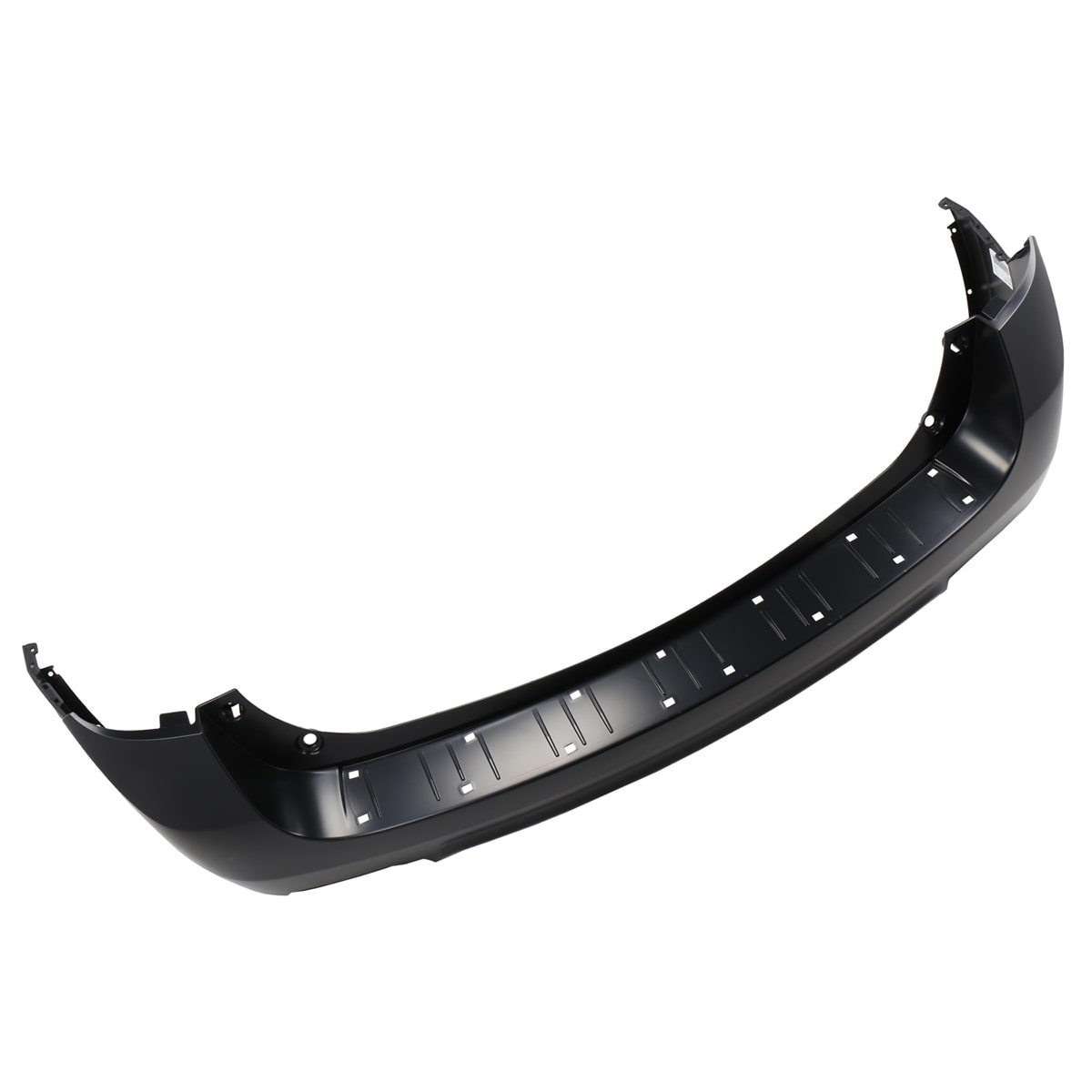 A Black Automotive Bumper Cover with Mounting Points Displayed on a White Background.