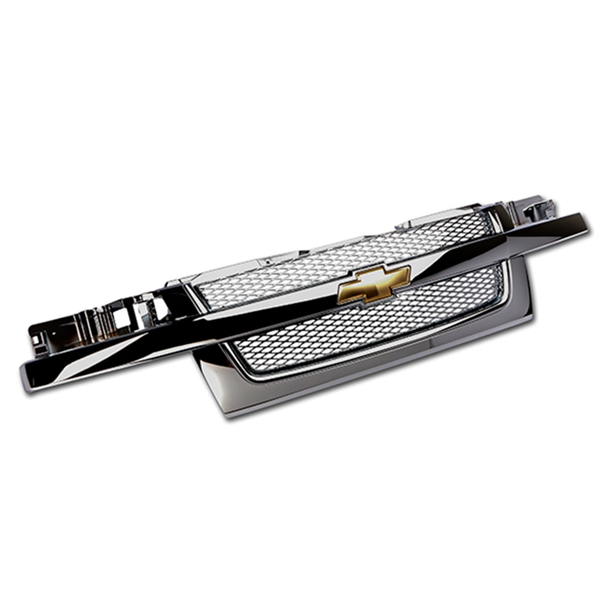 A Black Automotive Grille Assembly with Chrome Accents and Integrated Lighting Components Displayed on a White Background.