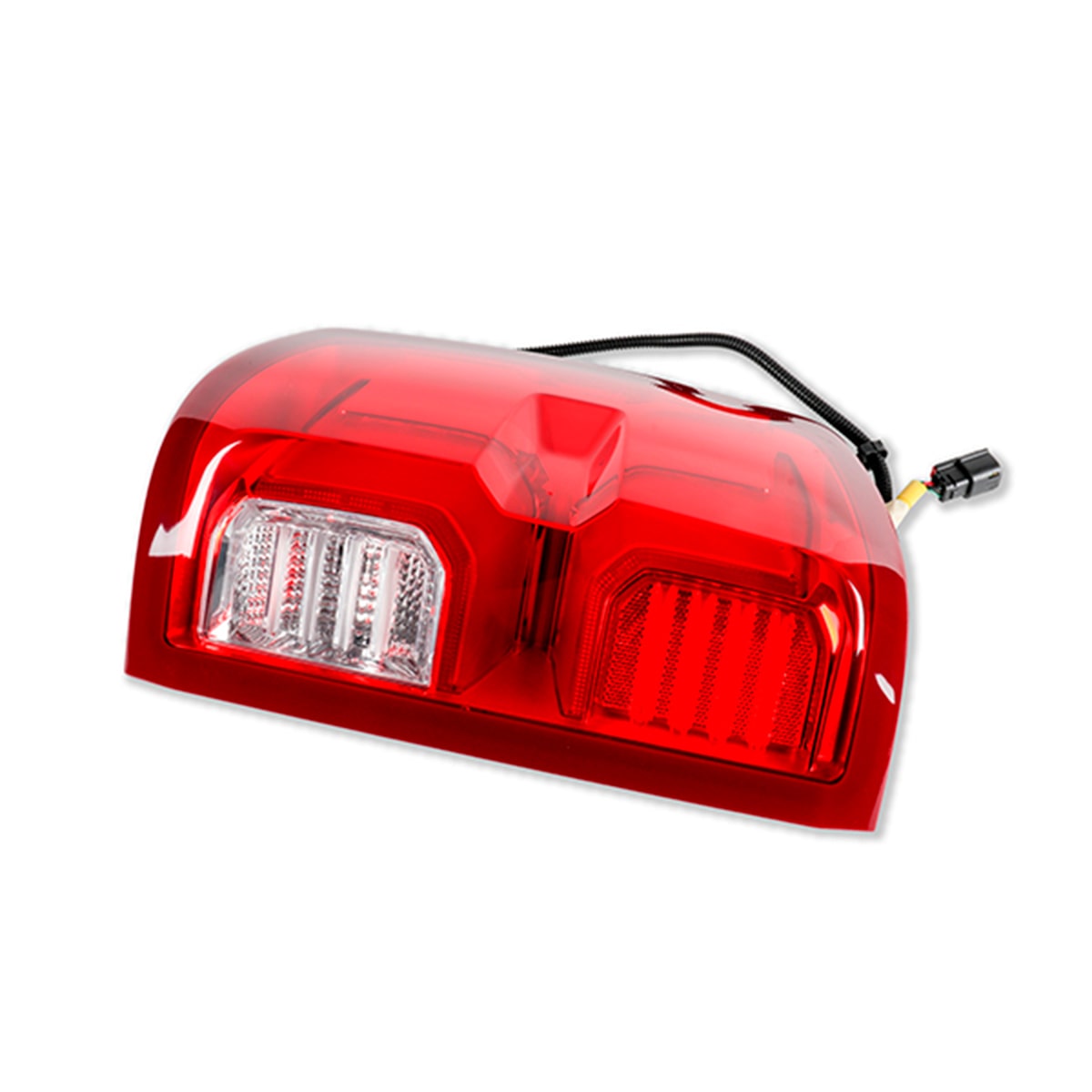 A Red Automotive Tail Light Assembly with Clear Inner Lenses and an Attached Wiring Connector Displayed on a White Background.
