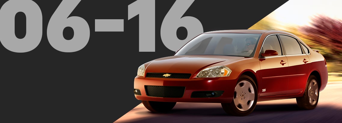 Se muestra un Chevrolet Impala rojo, con un fondo oscuro y texto grande en gris que indica los años de los modelos 06-16.