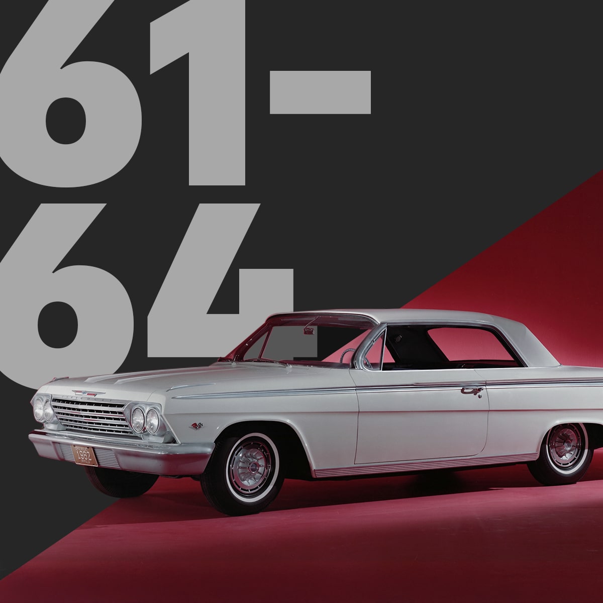 Un Chevrolet Impala blanco con techo rojo, con un fondo rojo y negro y texto grande en gris que indica los modelos 61-64.