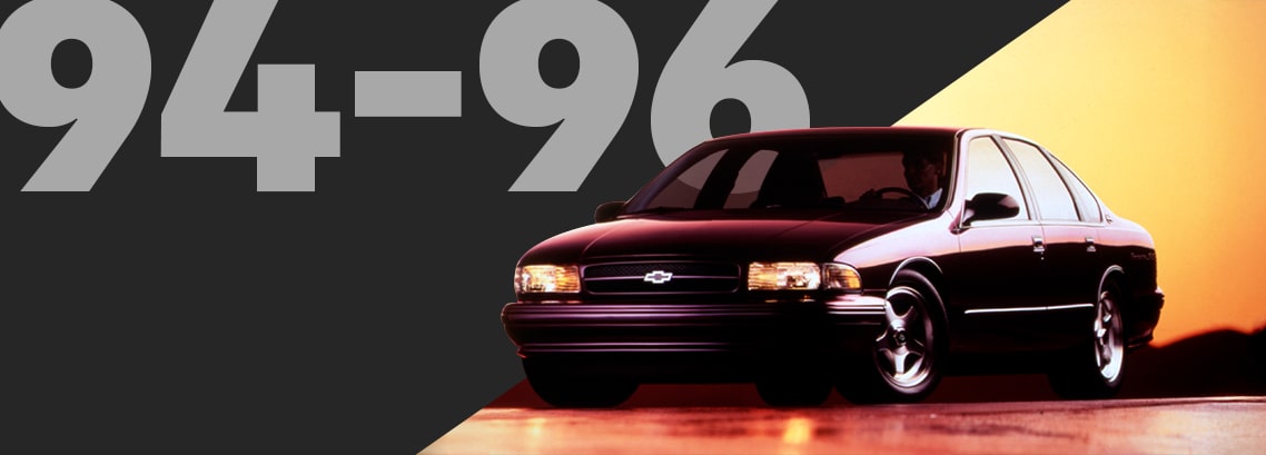 Se muestra un Chevrolet Impala negro, con un fondo oscuro y texto grande en gris que indica los modelos 94-96.