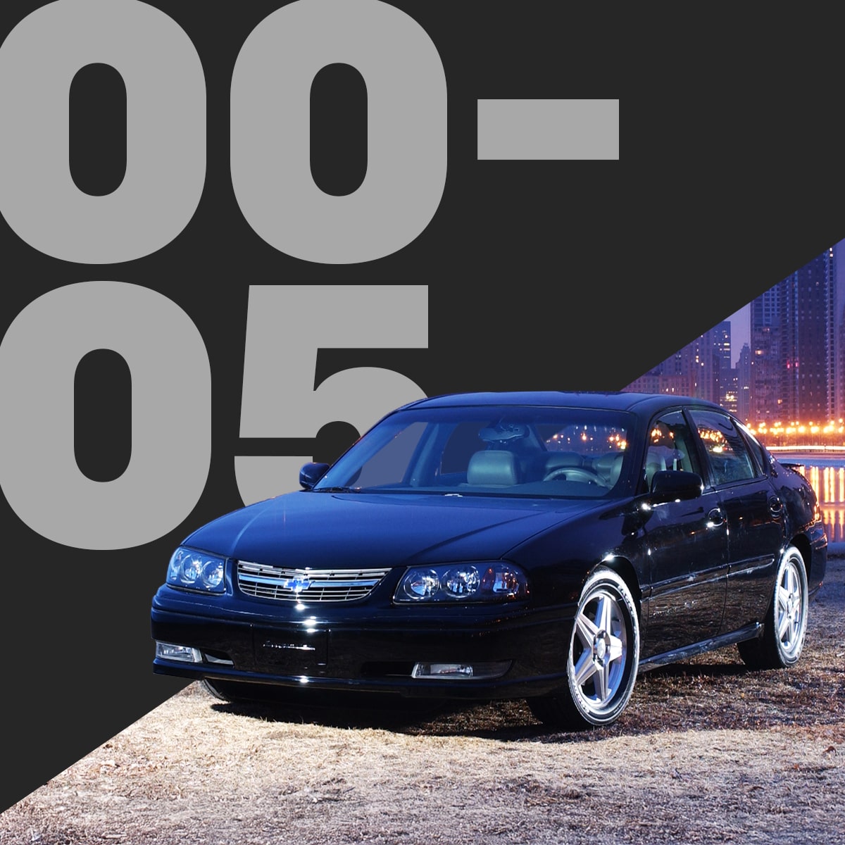Se muestra un Chevrolet Impala en azul, con un fondo oscuro y texto grande en gris que indica los años de los modelos 00-05.