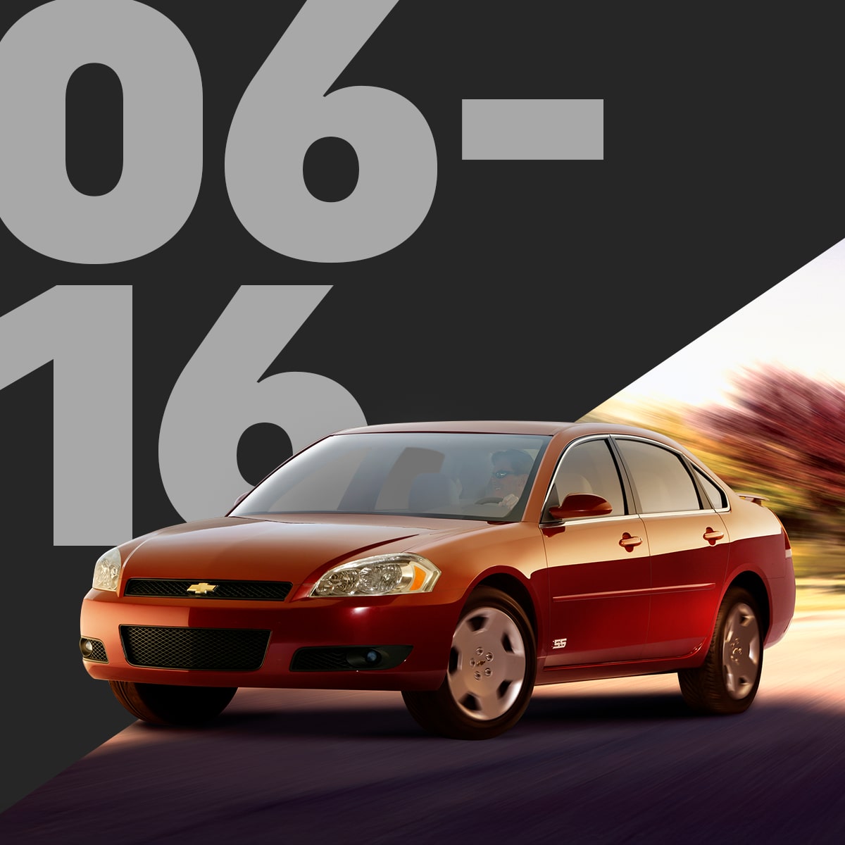 Un sedán Chevrolet Impala rojo, con un fondo oscuro y texto grande en gris que indica los modelos 06-16.