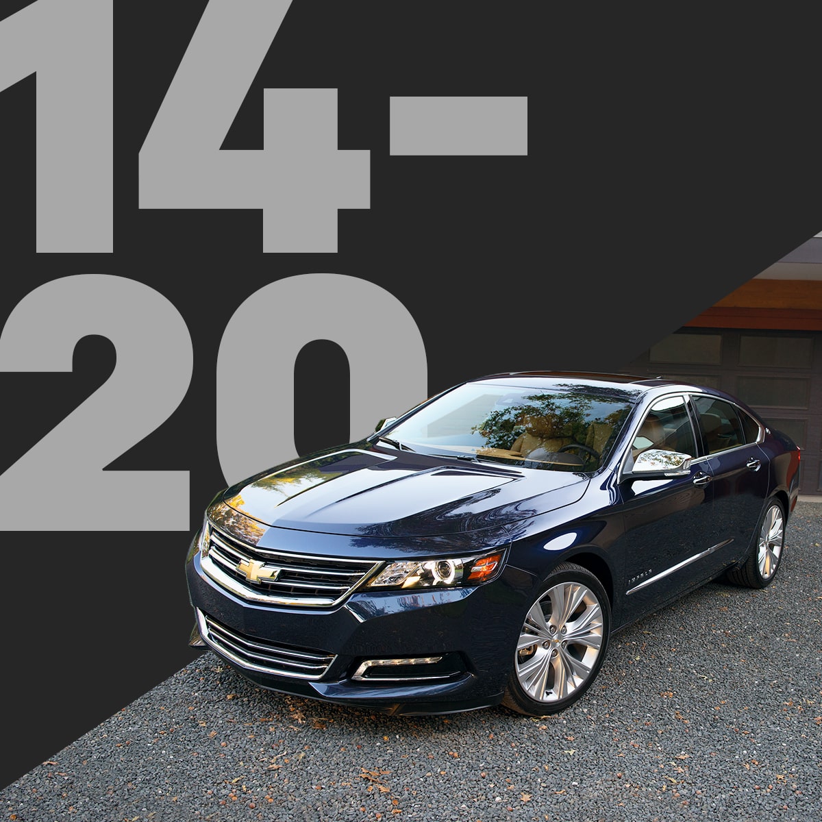 Un sedán Chevrolet Impala negro, con un fondo oscuro y texto grande en gris que indica los años de los modelos 14-20.