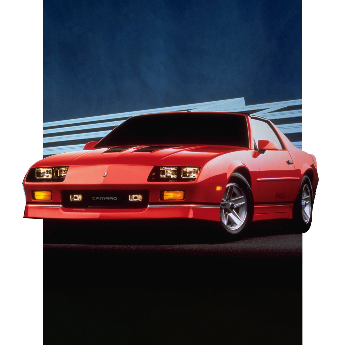 Bright Red Chevrolet Camaro Sports Car Viewed from the Front Three-Quarter Angle, Parked on a Dark Surface