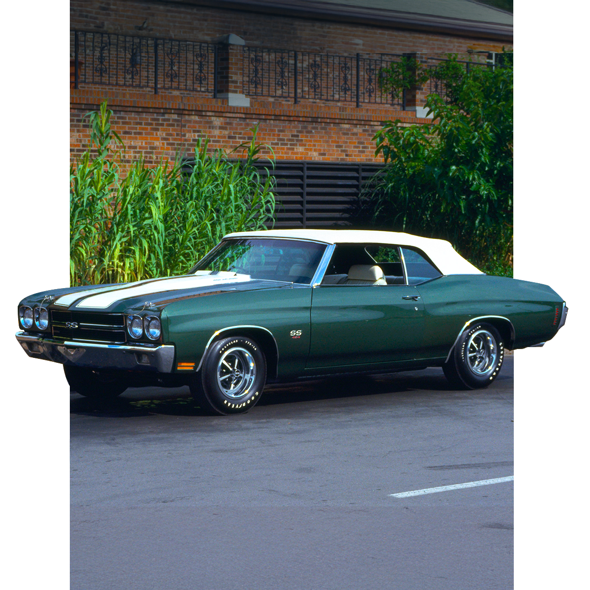 Classic Dark Green Chevrolet Chevelle with White Top Parked on a Street in Front of Brick Building and Greenery