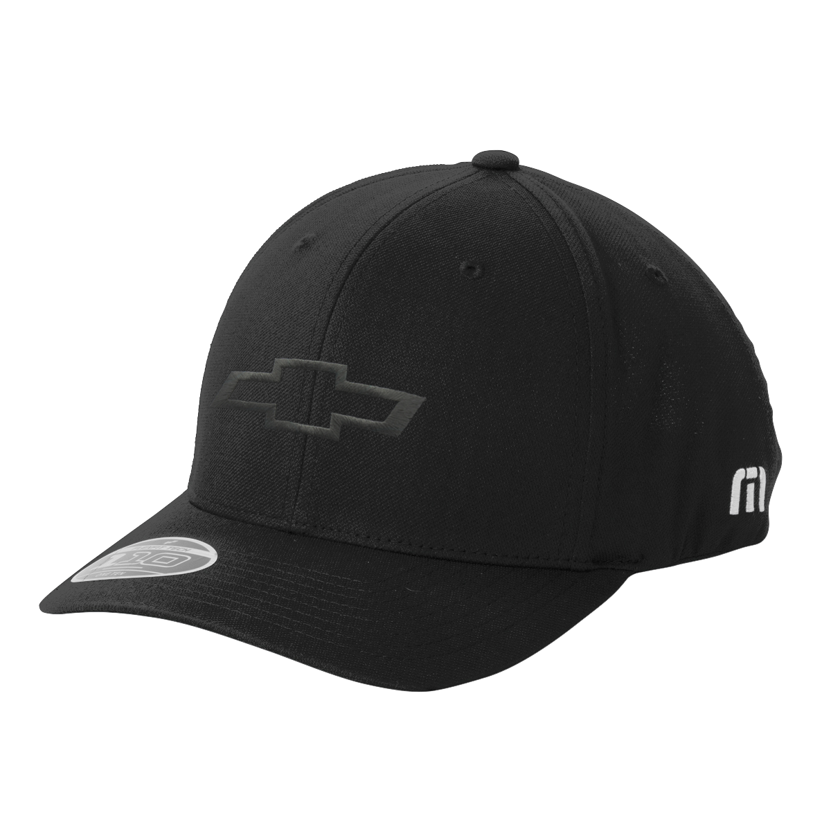 A Black Baseball Cap with an Embroidered Black Chevrolet Bowtie Logo and a Small White Logo on the Side.