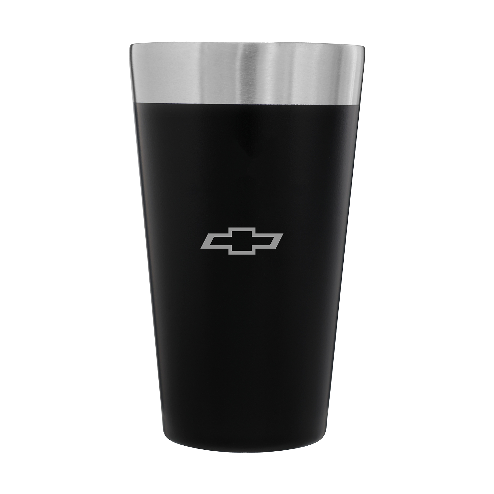 A Black Tumbler with a Silver Rim Displaying a White Chevrolet Bowtie Logo.