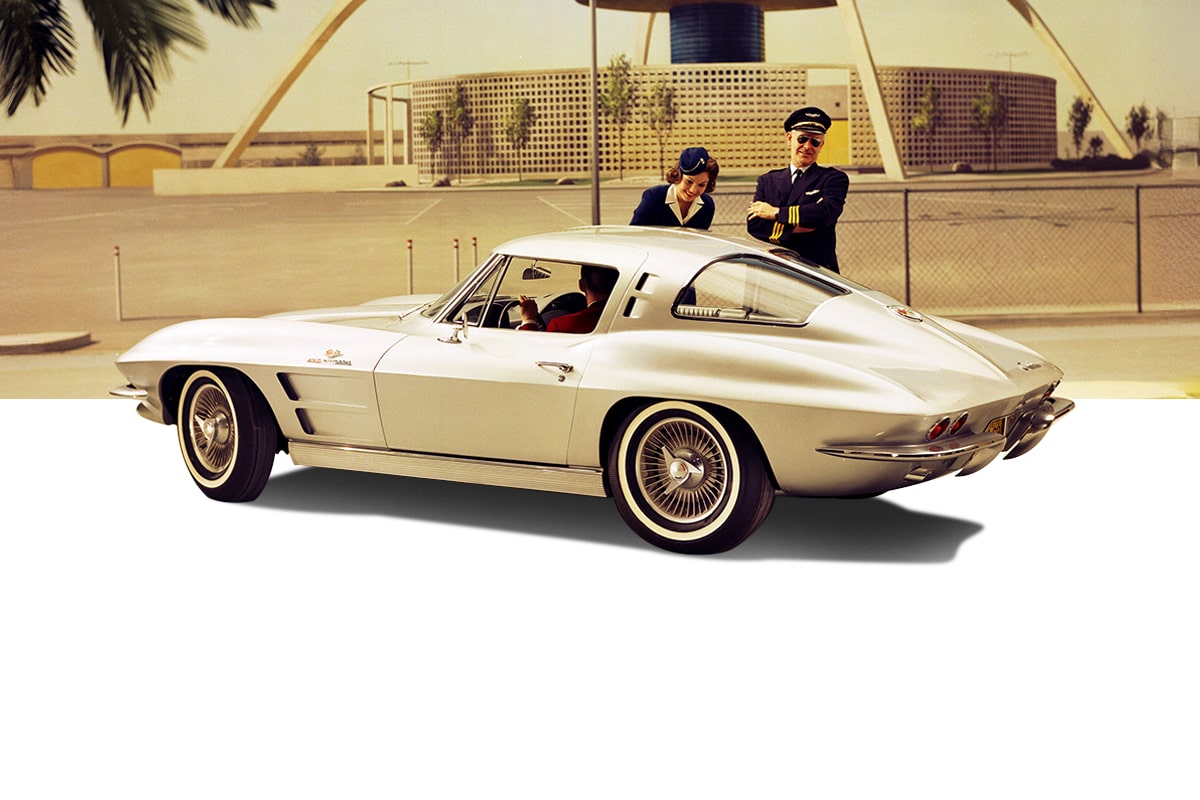 Classic White Chevrolet Corvette Sting Ray Rear Three-Quarter View with Driver, with a Pilot and Flight Attended Next to It