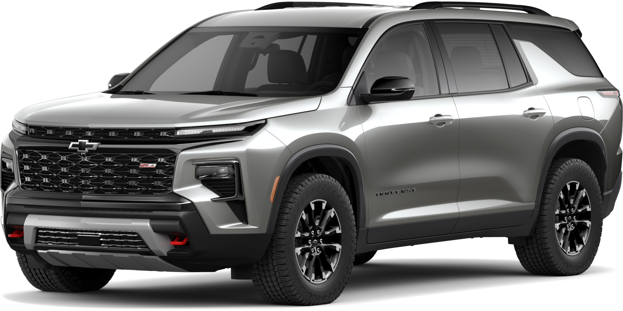 A Gray Chevrolet Traverse Z71SUV Featured on an Orange Background.