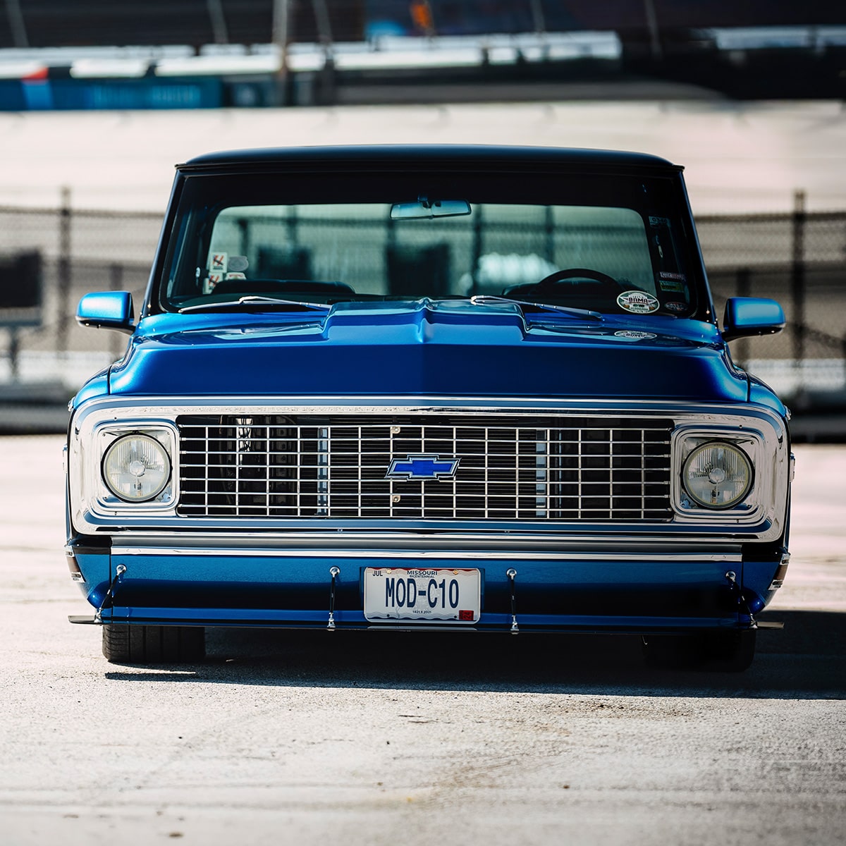 Front View of a Classic Blue Chevrolet Vehicle Parked Outdoors