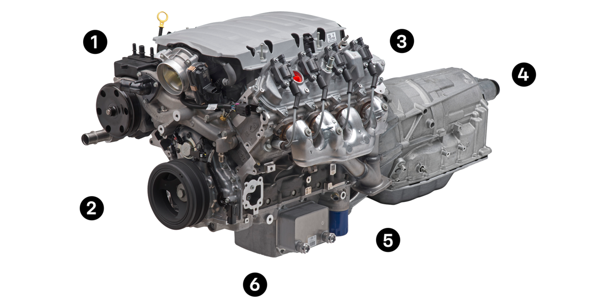 A Graphic of a Chevy Performance Parts Crate Engine with Numbered Circles Surrounding It