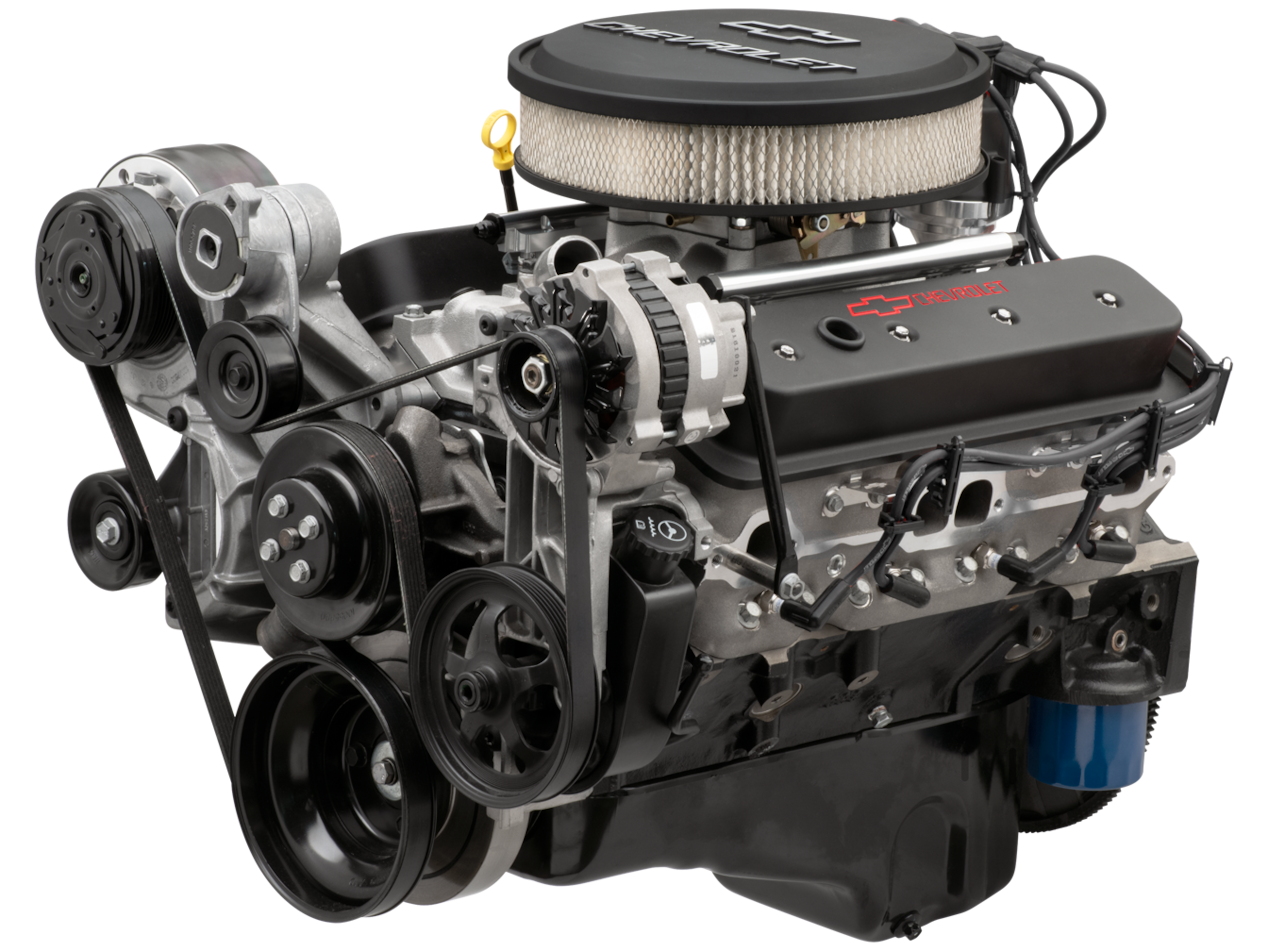Un motor armado de bloque pequeño SP383 EFI de Chevy Performance Parts