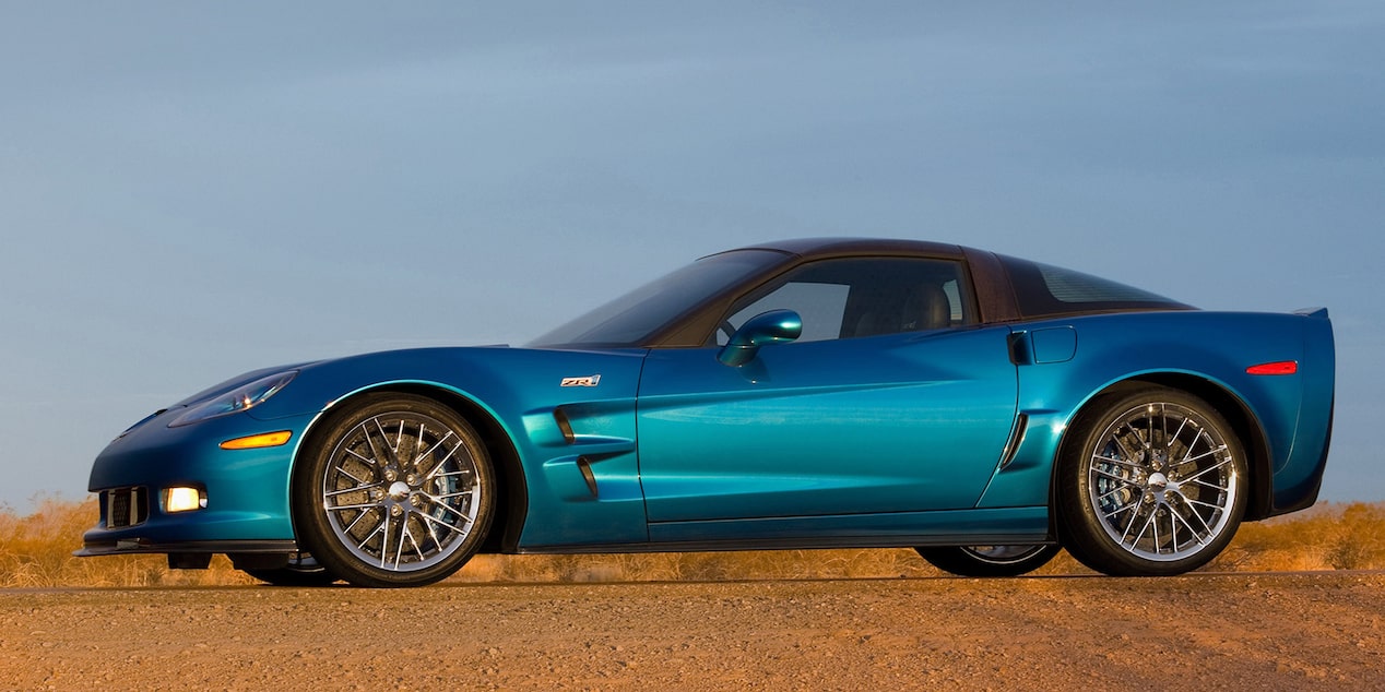 Side View of a Blue 2009 Chevy Corvette ZR1 with Blue Sky in the Backgrouund