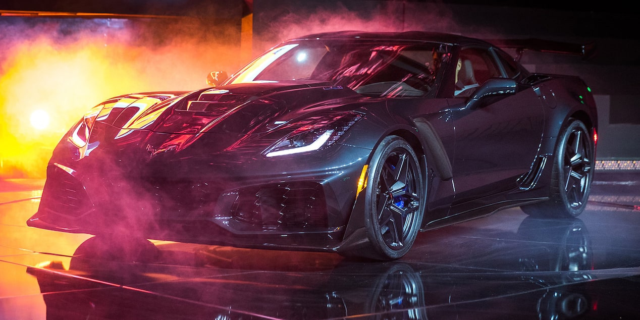 A 2019 Chevy Corvette ZR1 with Dramatic Flames in the Backgrouund