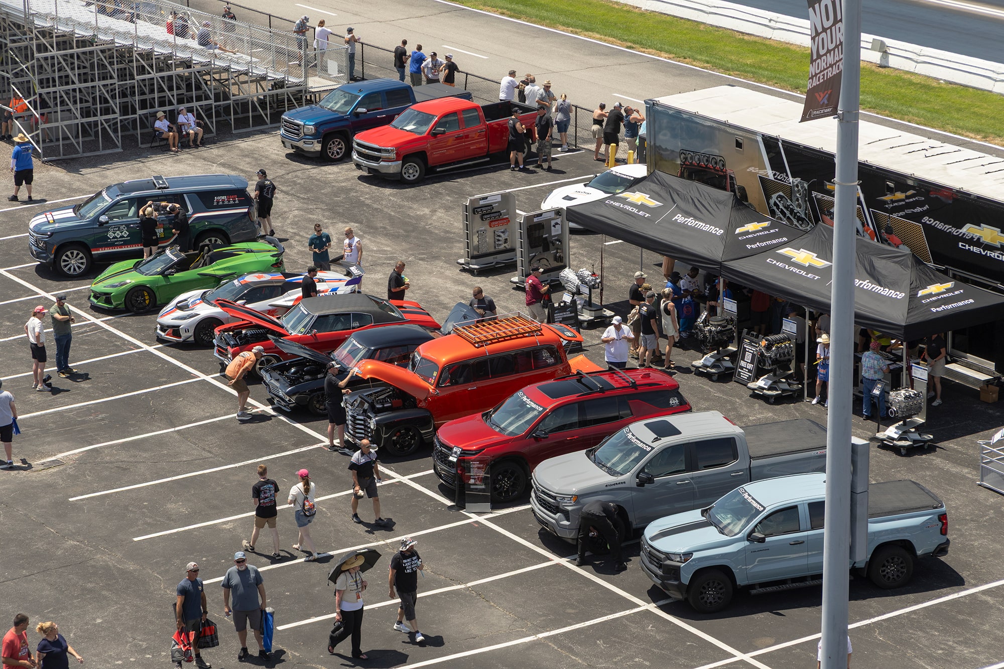 Aerial View of Car Show With Chevrolet Sports Cars and Trucks