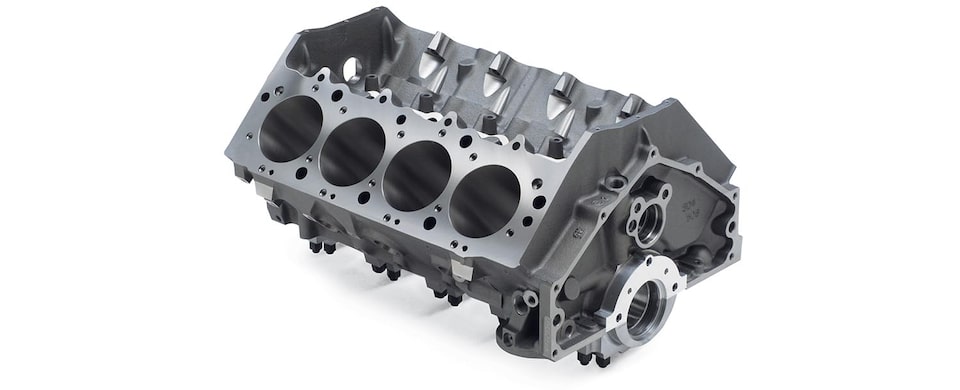 Vista superior trasera del bloque grande de motor para carreras Bowtie, vacío, de hierro fundido de Chevrolet Performance