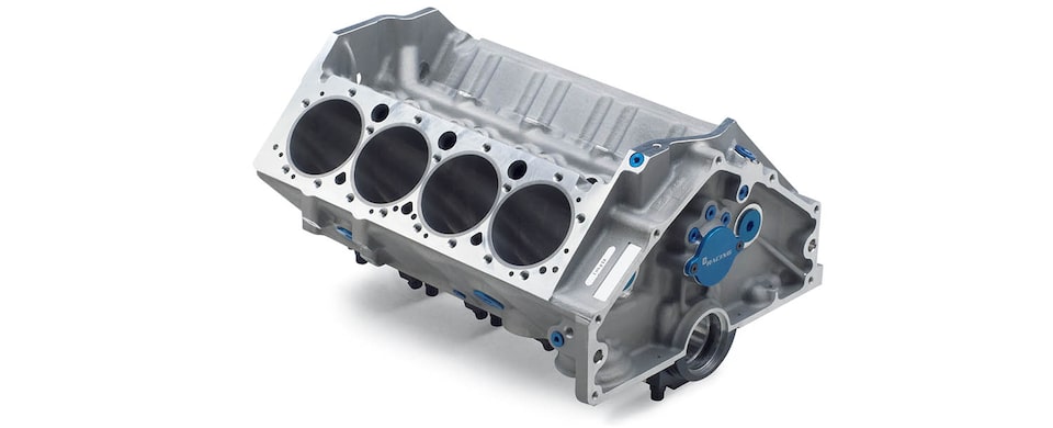 Vista superior trasera del bloque pequeño de motor 400 de aluminio para carreras Chevrolet Performance