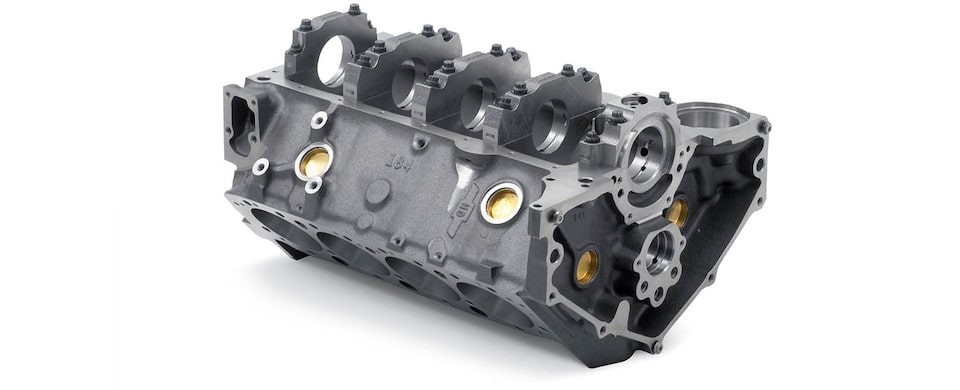 Chevrolet Performance Small-Block Bowtie Sportsman Engine Block for use with 1-Piece Seal Adapter Bottom Rear View