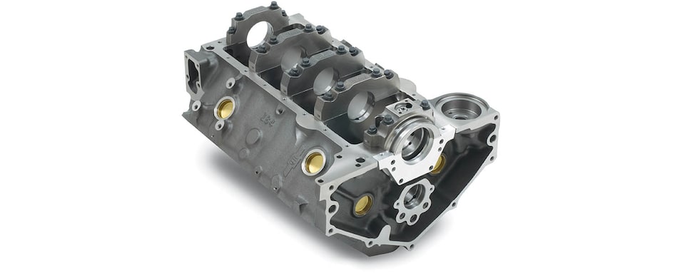 Chevrolet Performance Small-Block 350 Bowtie Sportsman Engine Block with 2-Piece Rear Main Seal Bottom Rear View  