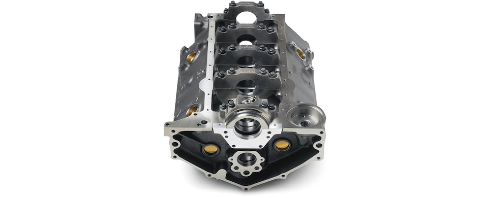 Chevrolet Performance Small-Block 350 Bowtie Sportsman Engine Block with 2-Piece Rear Main Seal Rear Bottom View  