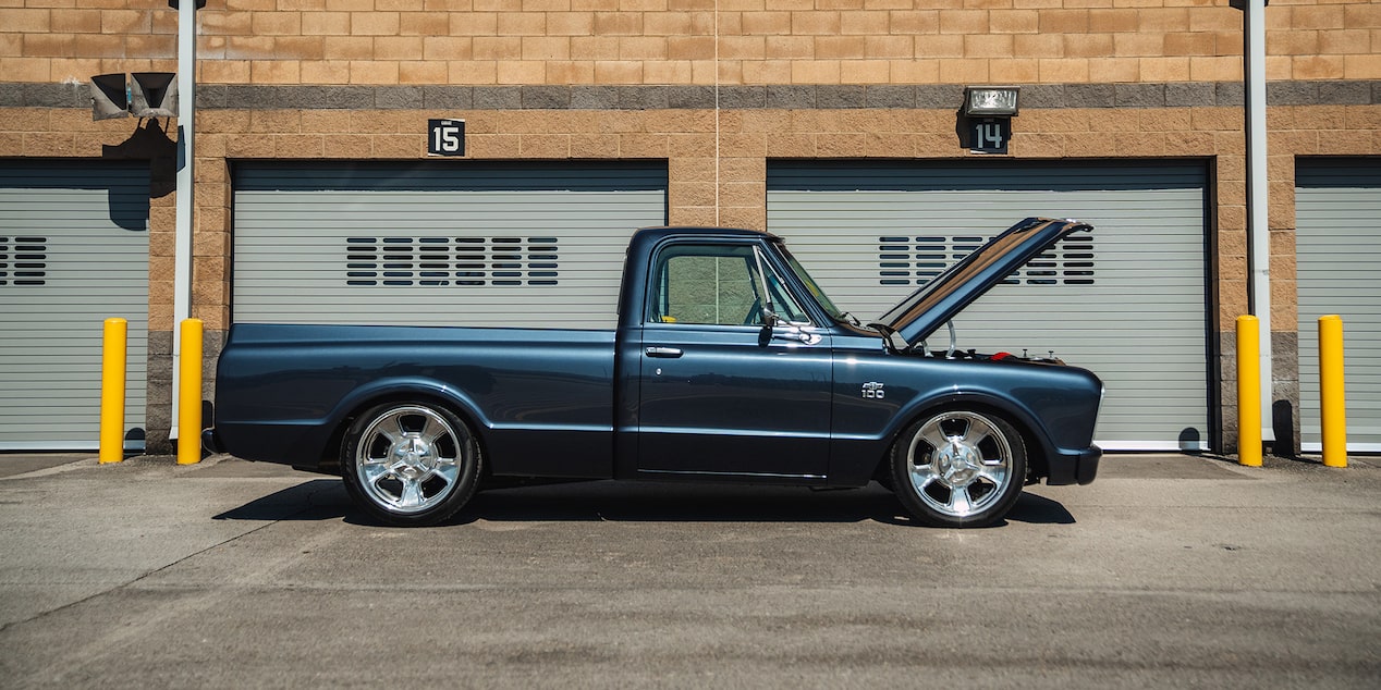 Vintage pickup truck with hood open