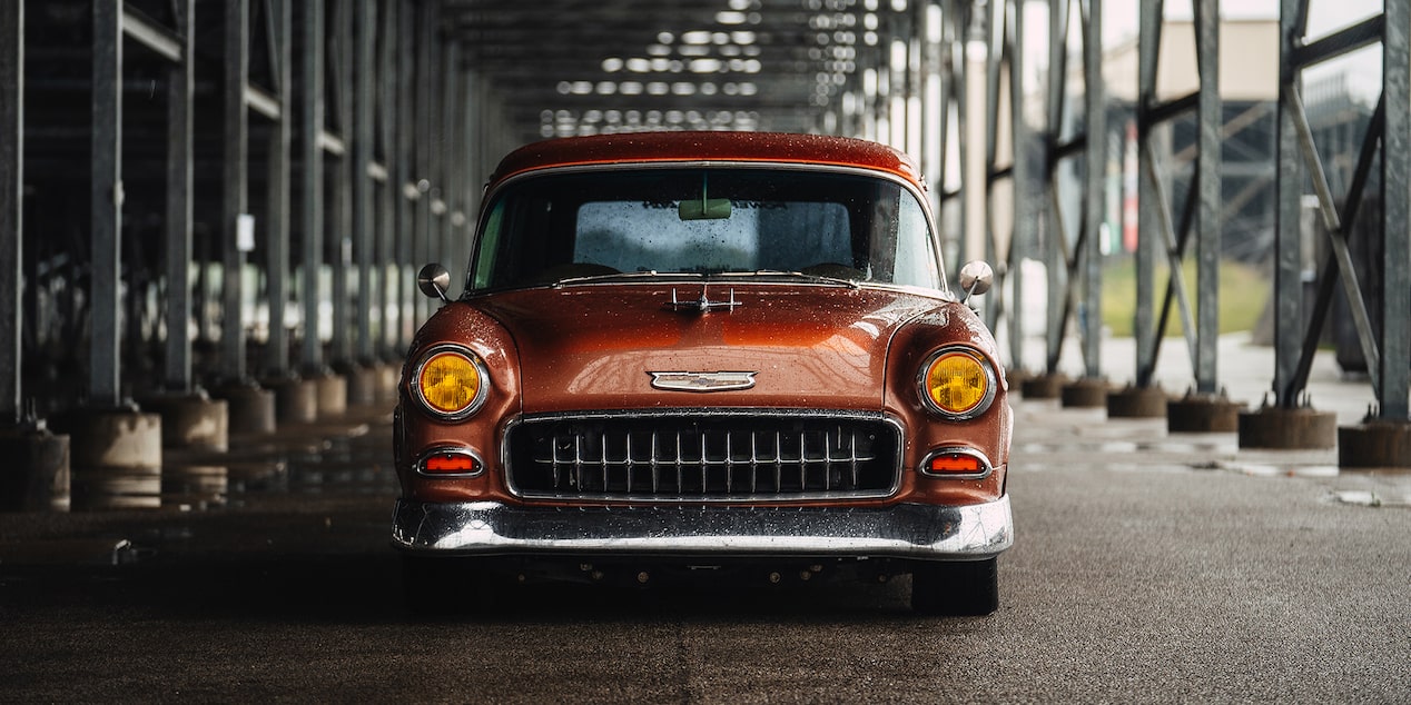 Front View of an Autumn Bronze 1955 210 Handman Wagon