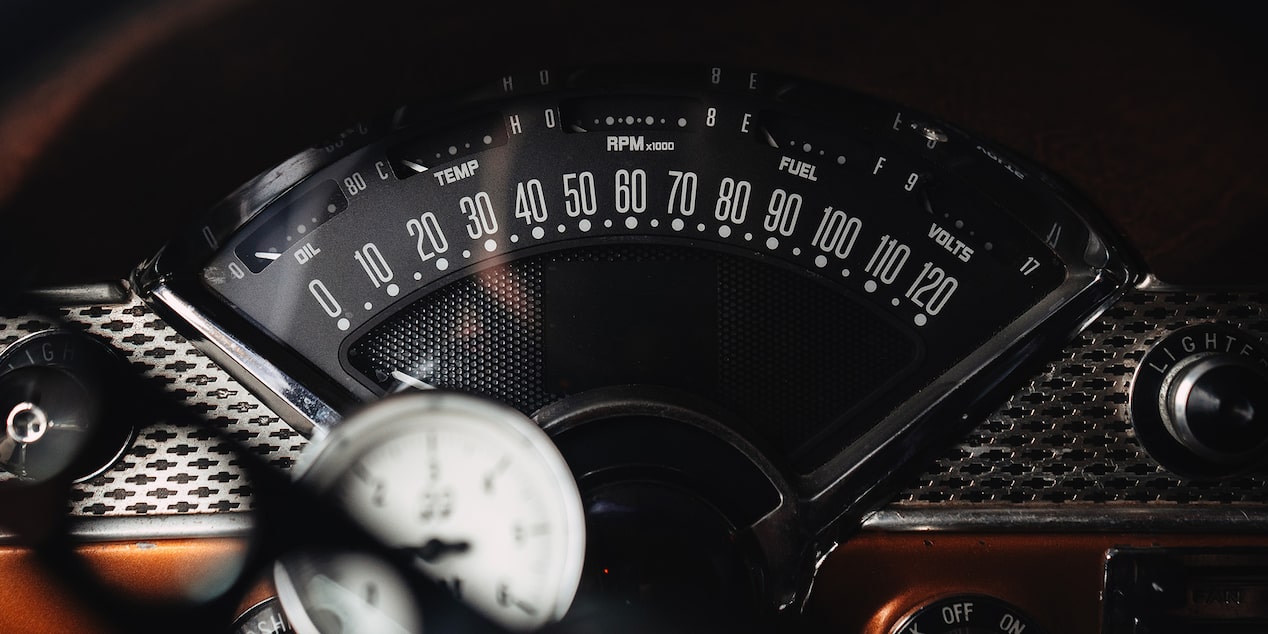 Close Up View of the Speedometer in a 1955 210 Handman Wagon