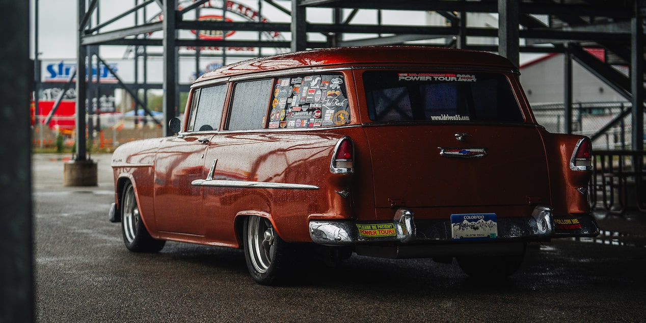 Left Rear View of an Autumn Bronze 1955 210 Handman Wagon