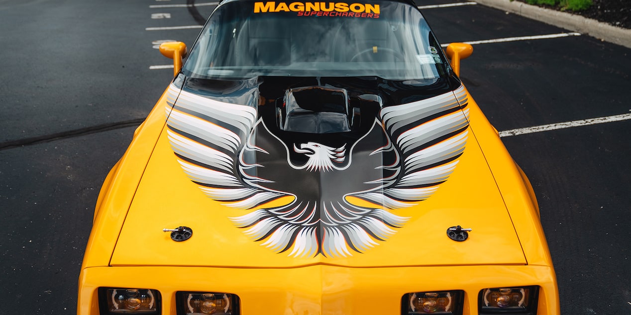 Aerial View of the Hood of a 1981 Pontiac Trans Am with a Grey Bird Graphic