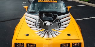 Aerial View of the Hood of a 1981 Pontiac Trans Am with a Grey Bird Graphic