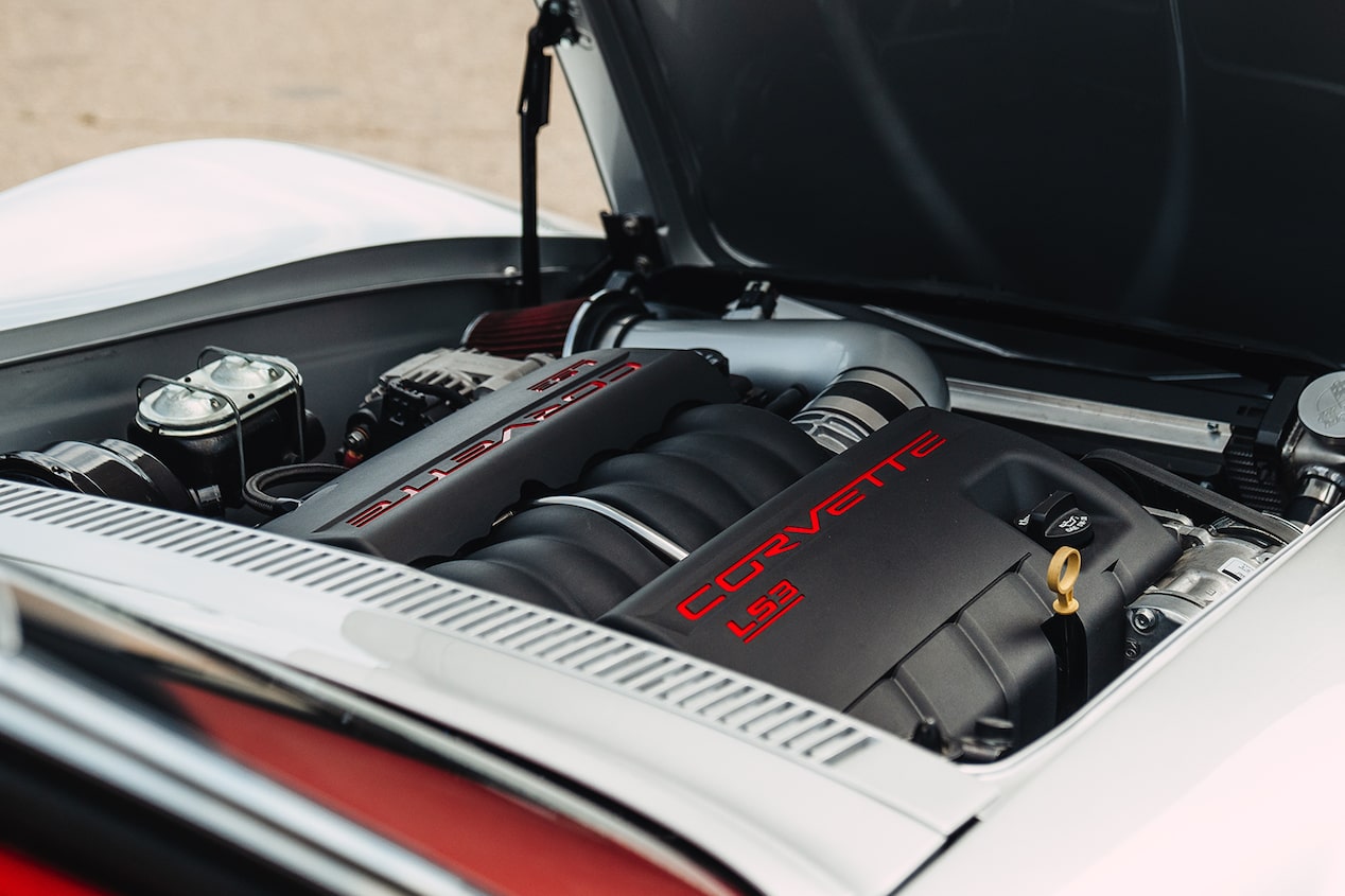 A Chevy Performance Parts LS3 Crate Engine in the Engine Bay of a 1969 Chevrolet Corvette