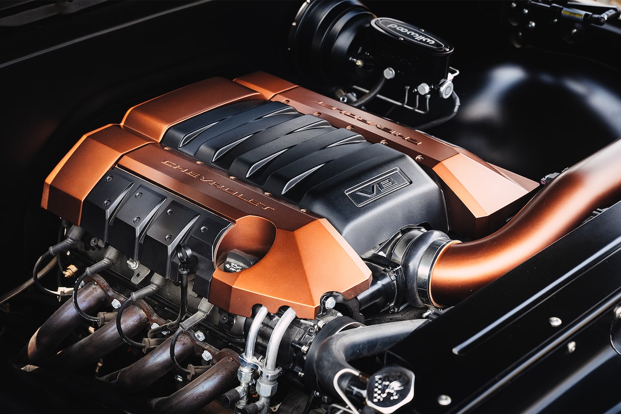 Close-up of a Black and Orange Chevy Performance Parts LS3 Crate Engine