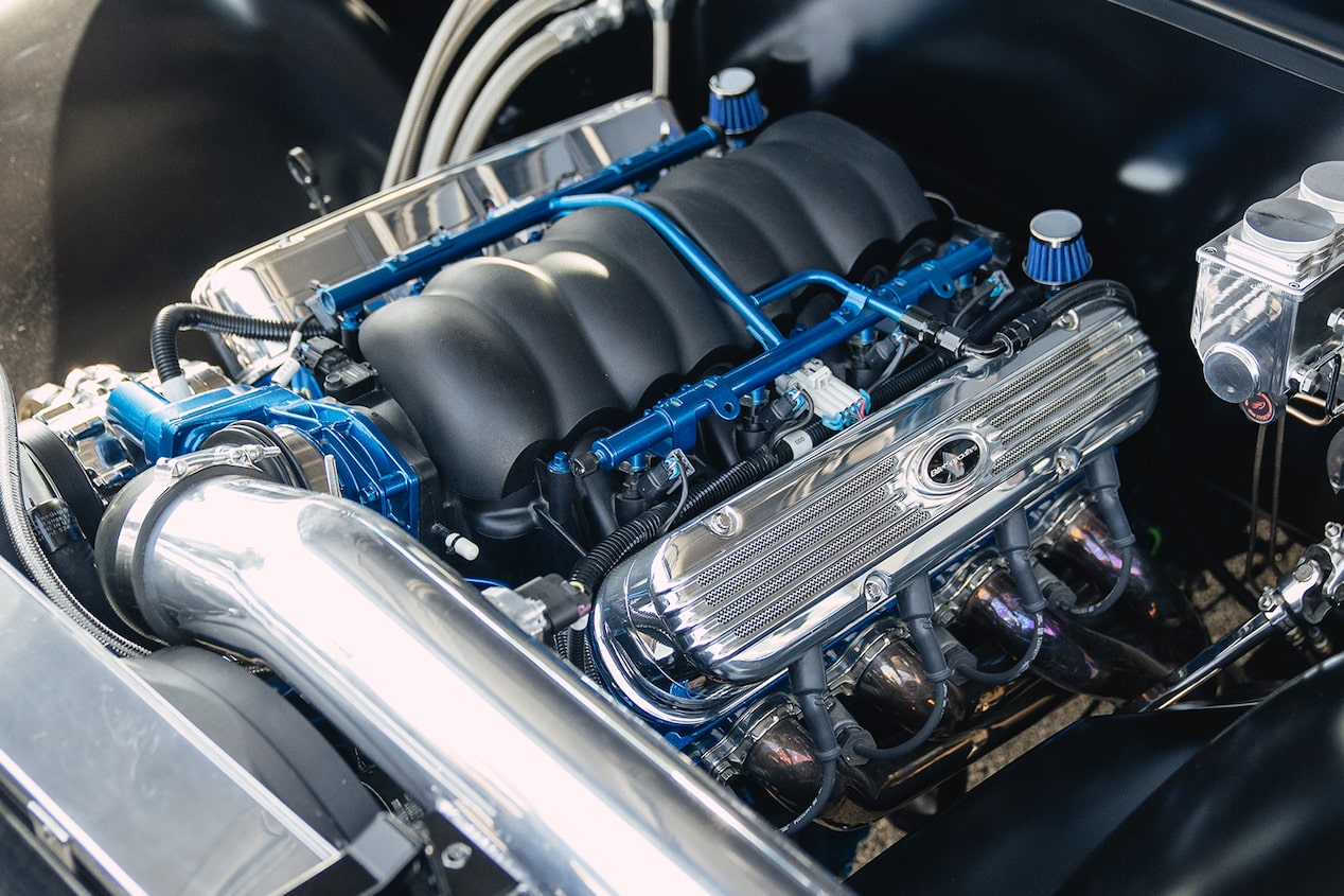 Close-up of a Chevy Performance Parts LS3 Crate Engine in the Engine Bay of a 1972 Chevy C10 Bruzer Pickup Truck