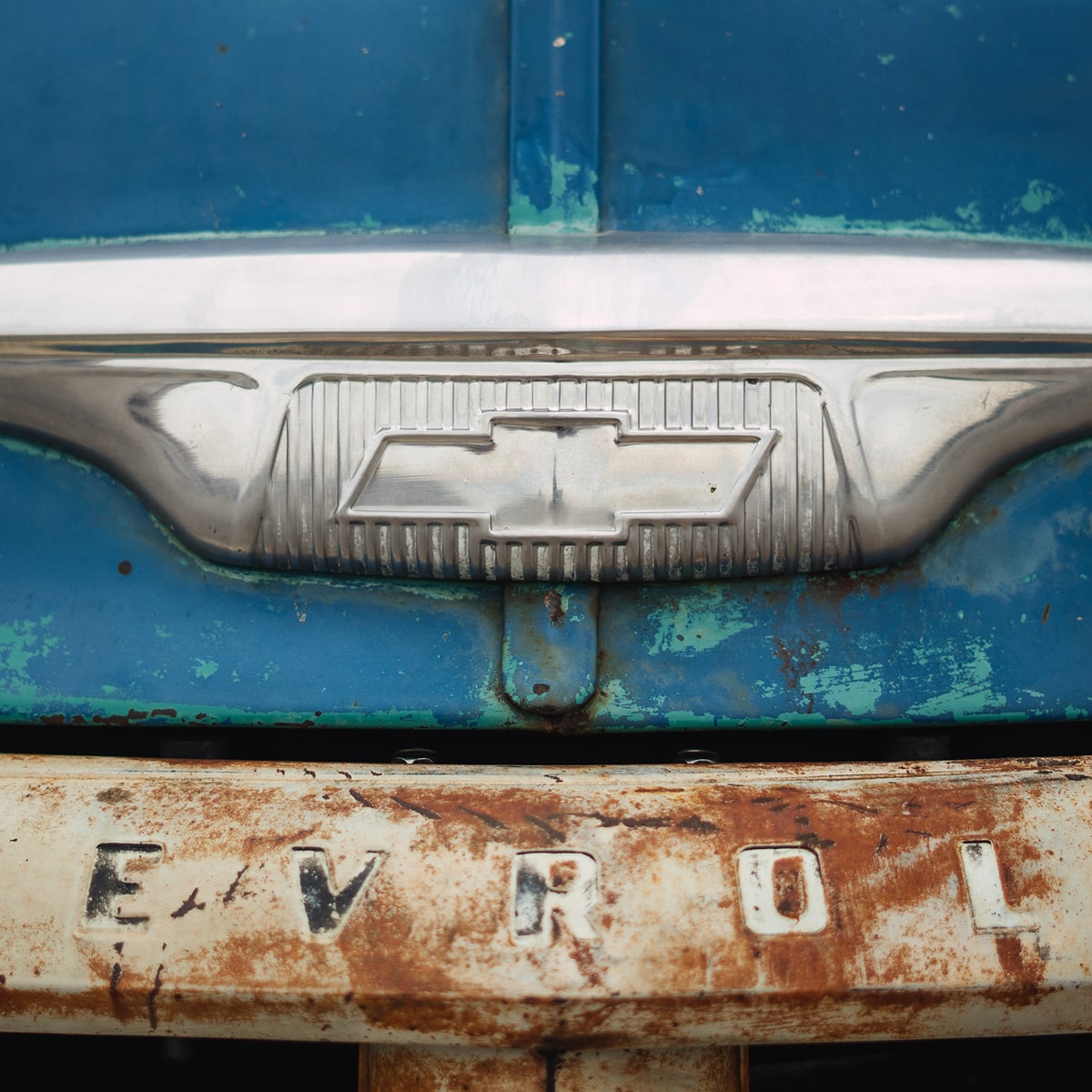 Close-up of the Front Hood Chevy Emblem on a Blue 1955 Chevrolet Pickup Truck