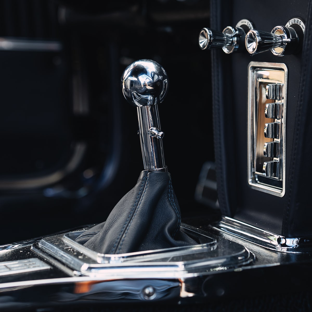 Close-up of the Gear Shift and Console of a 1964 Chevy Corvette Stingray