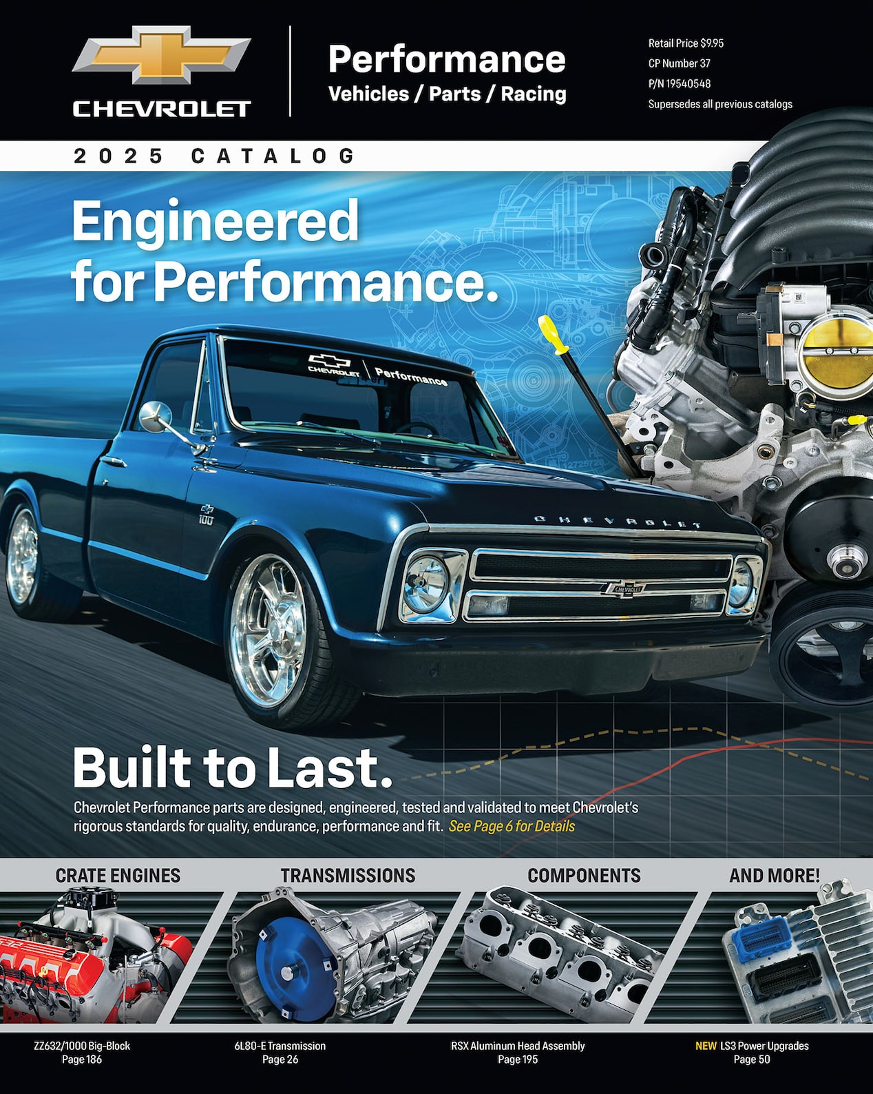 Página del catálogo de partes de Chevrolet Performance Parts con una pickup Chevrolet clásica Azul y un motor armado