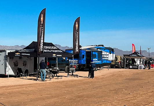 Off-Roading Tents and RV Parked in the Desert