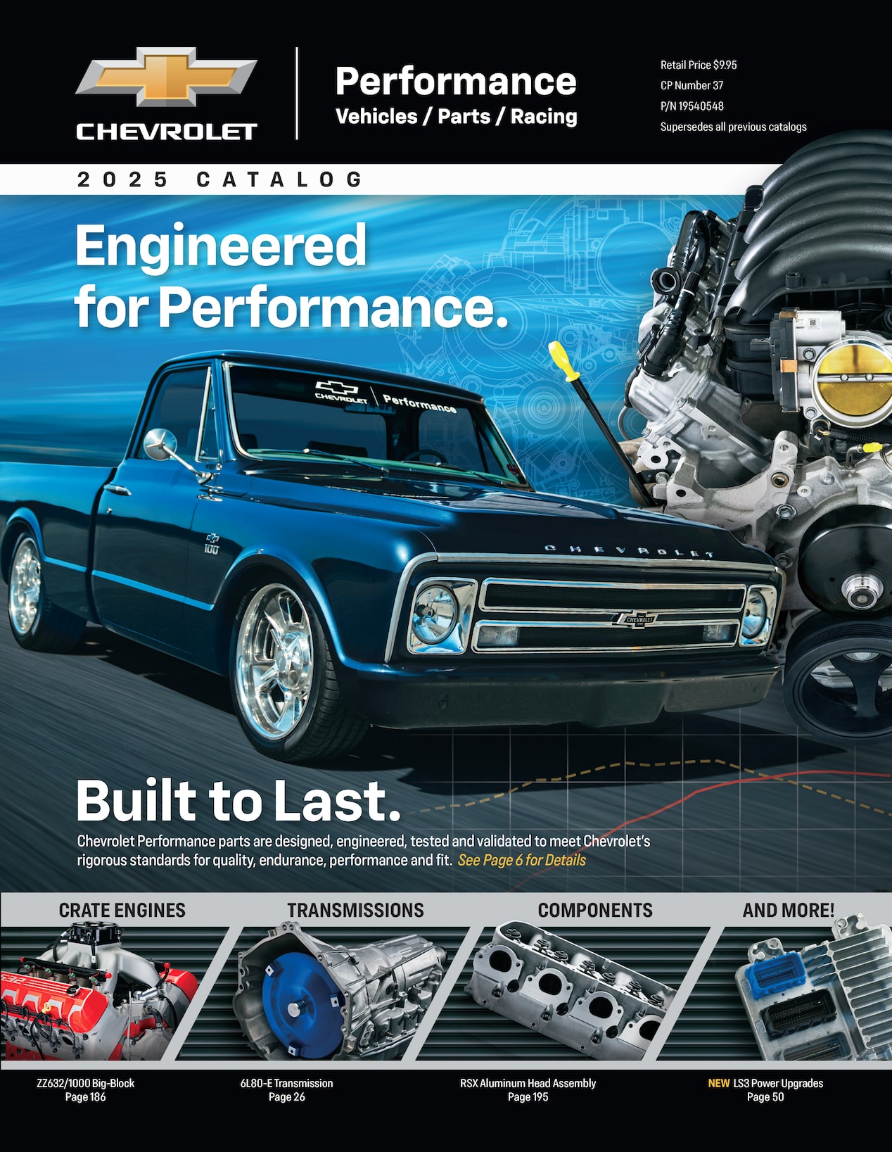 Una imagen del catálogo de partes de Chevrolet Performance Parts con una pickup Chevy clásica Azul y un motor armado