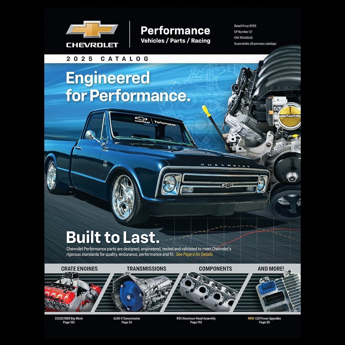 A Catalog Image of a Chevrolet Performance Parts Catalog Featuring A Vintage Blue Chevy Pickup Truck, a Crate Engine, and Various Components