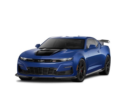 Partes Chevy Performance: Toma de medio perfil del extremo delantero de auto deportivo Camaro azul