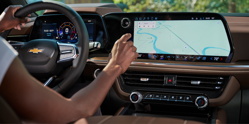Driver's POV of the 2026 Chevrolet Tahoe 17.7-inch touchscreen running Google Maps