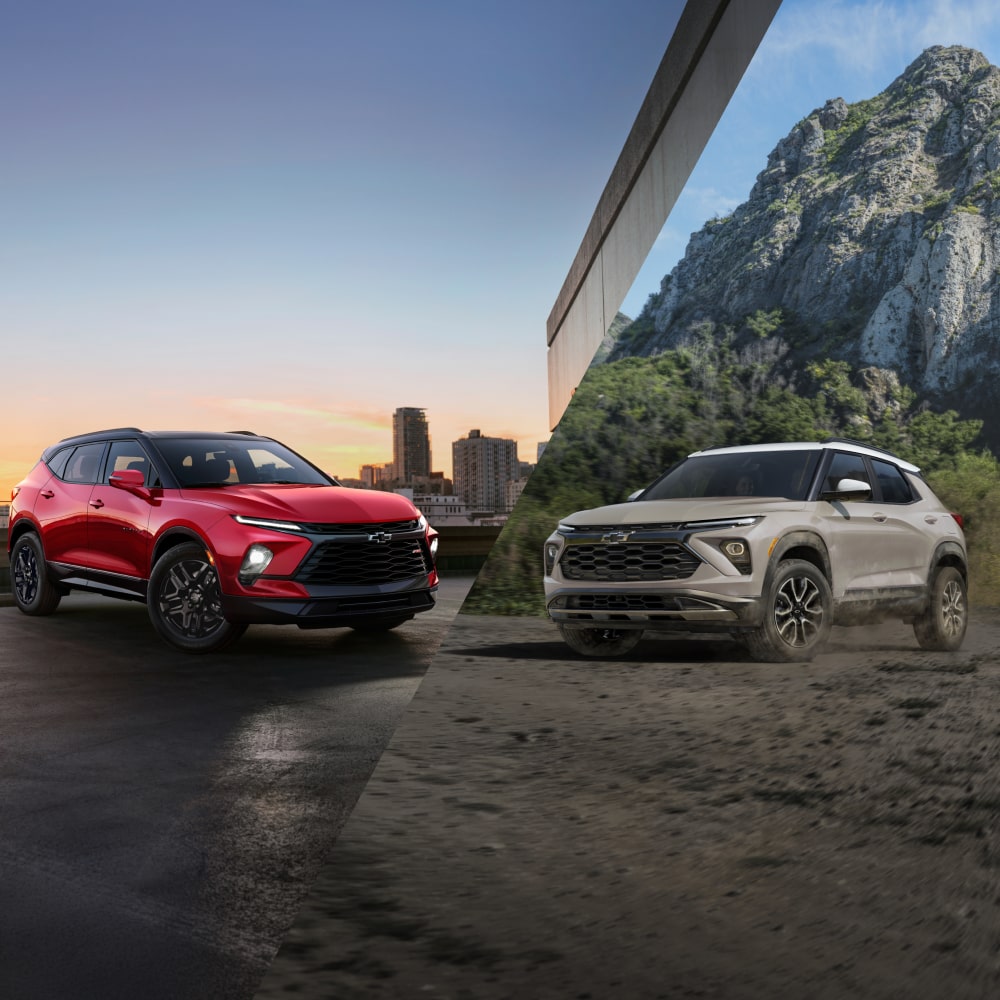 A Collage of a Chevy Blazer Parked in the City and a Chevy Trailblazer Parked on Rocky Terrain with Text Overlay Reading "Blazer VS Trailblazer"
