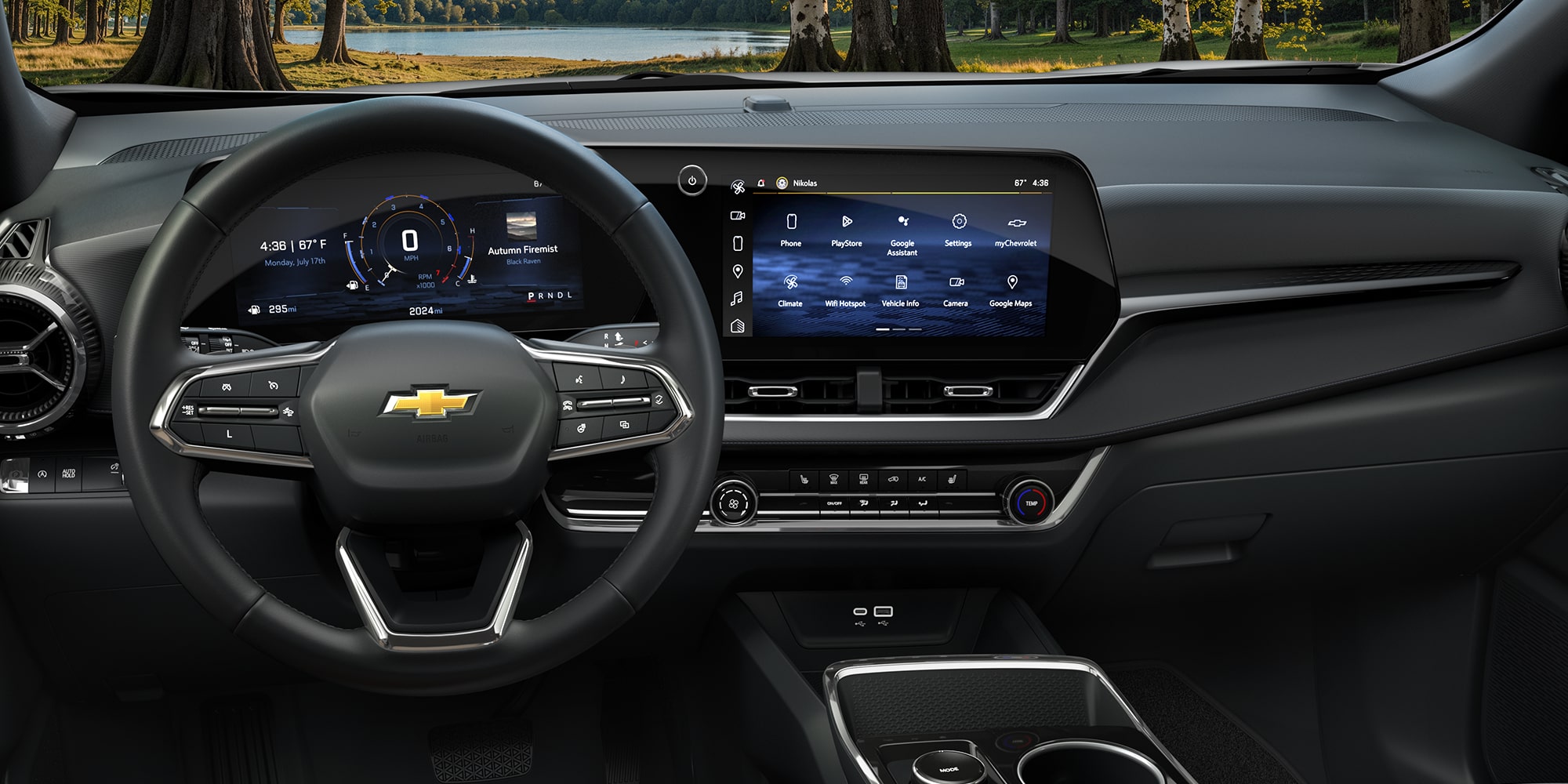 The Dashboard of a Chevrolet Equinox Featuring a Large Central Touchscreen Displaying Navigation and Connectivity Controls Above a Sleek Brown and Black Trim.